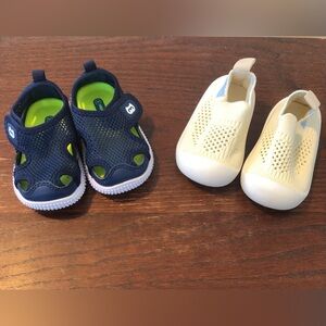 2 pairs of size 6-12 month infant walking shoes: one blue & one cream- like new!